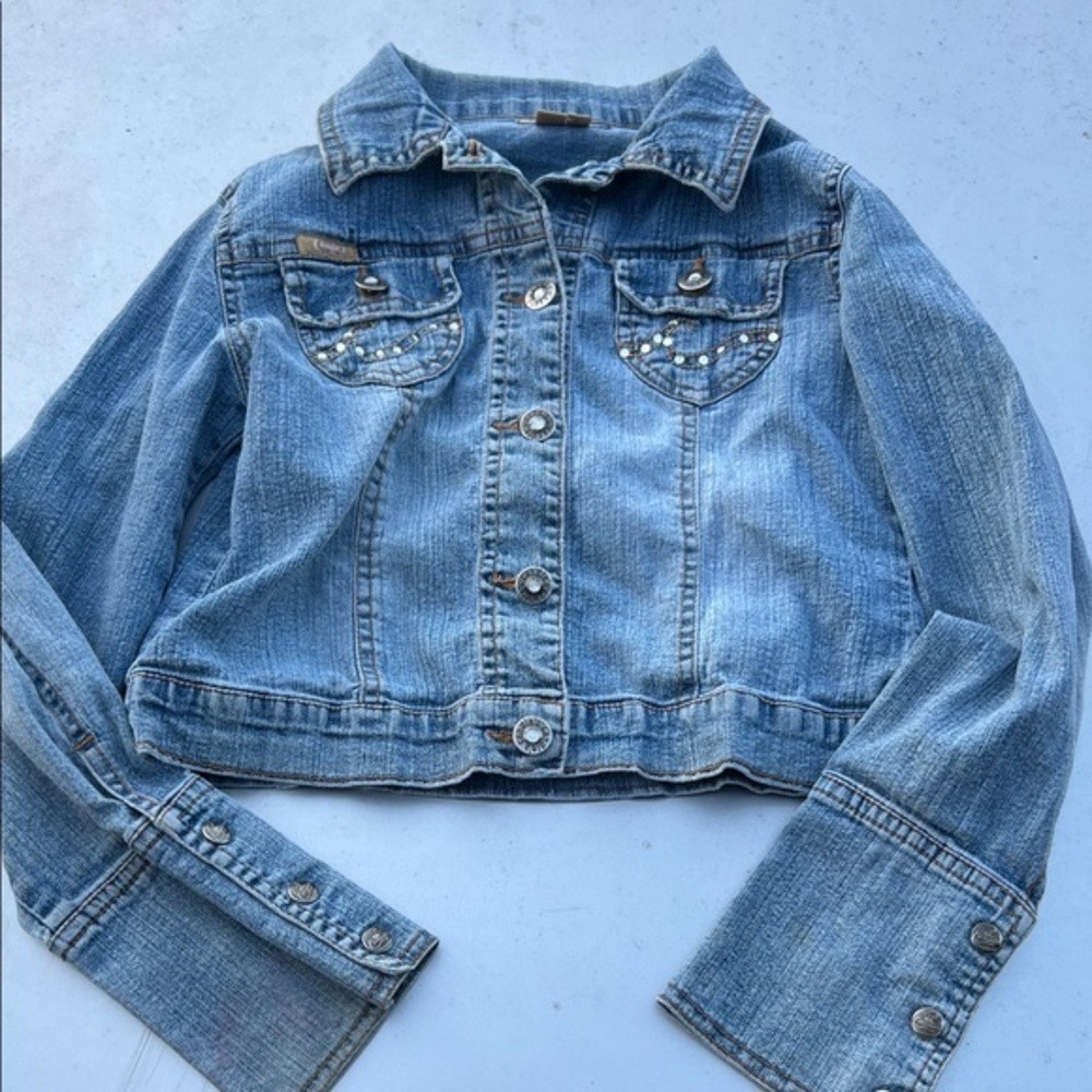 Candie's Vintage Distressed Washed Jean Jacket Beaded Jeweled Button Details